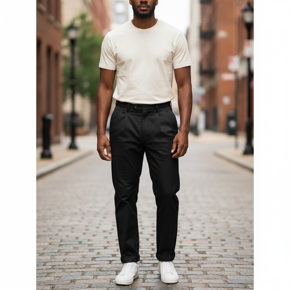 Nautica Dress Pants 42W 30L Black Excellent Super 100s Wool Pleated Cuffed Mens